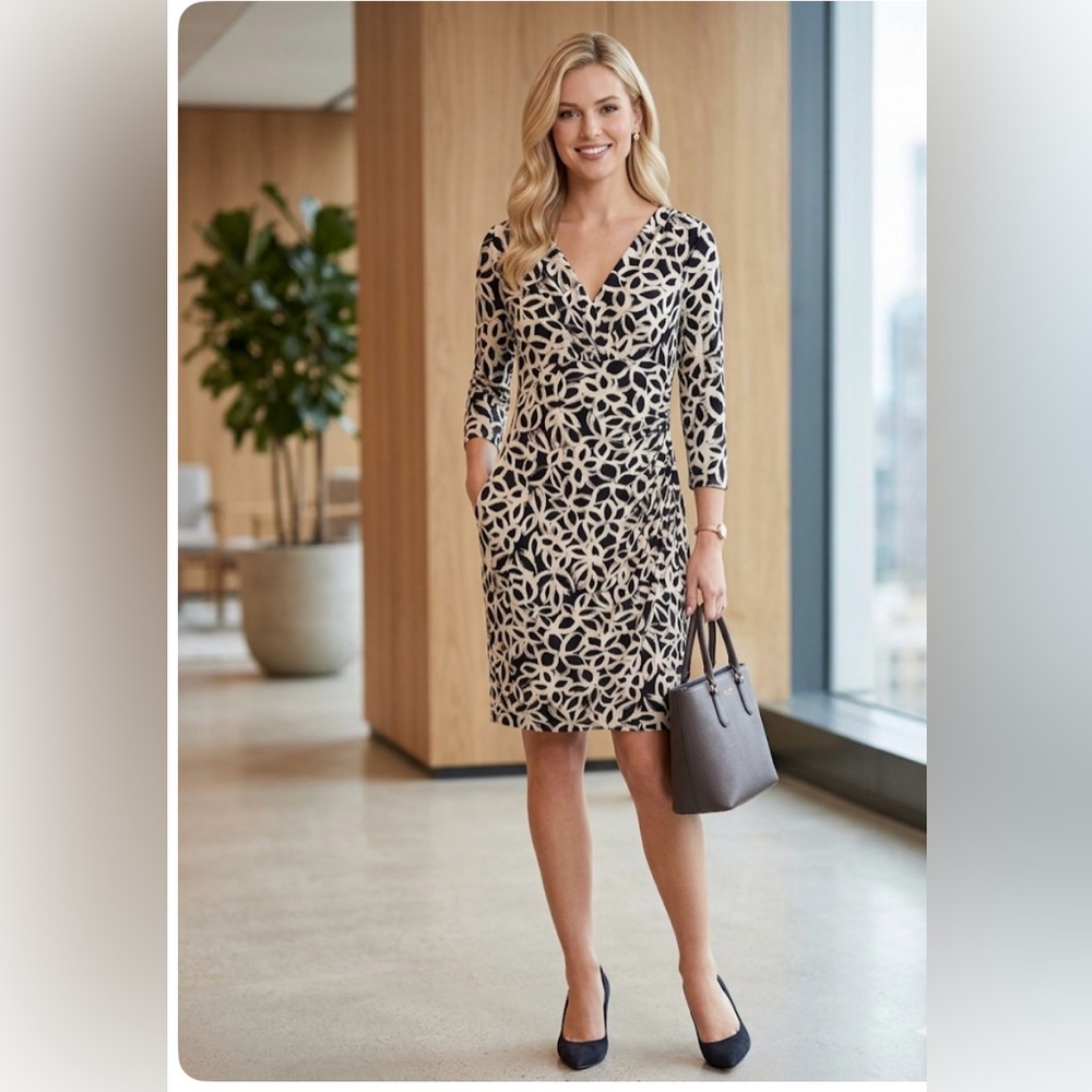 Black and Cream Printed Wrap-Style Women’s Dress